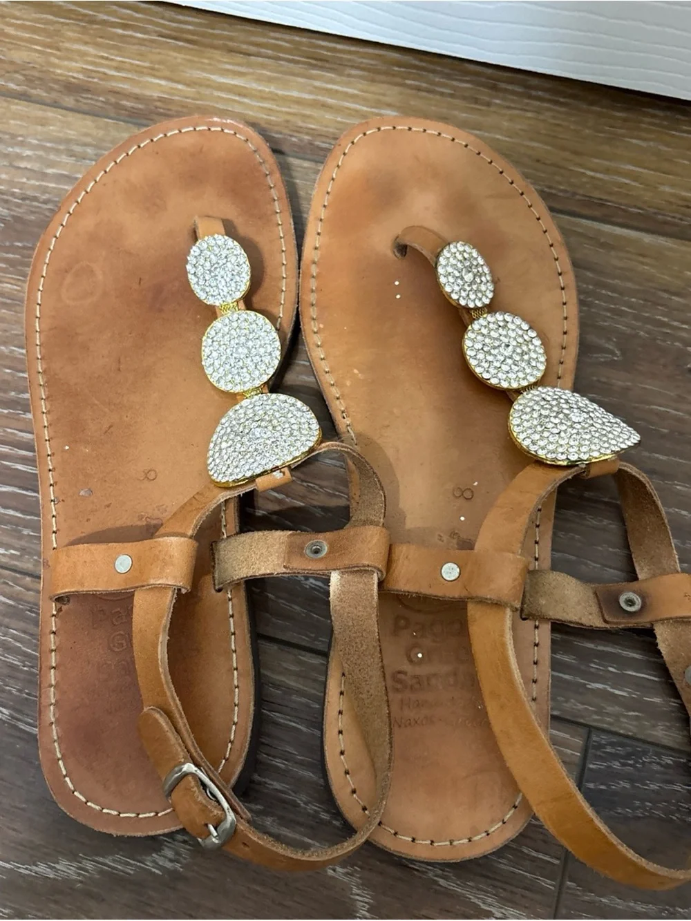 Pagonis Handmade Greek Sandals Brown Leather Bling Strappy Sz 8 Lot of 2 Pairs